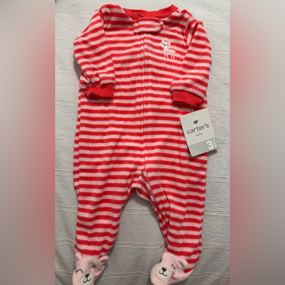 NWT Carter's Pink Striped Kitty zip Terry Sleep & Play Pajama Footed Sleeper